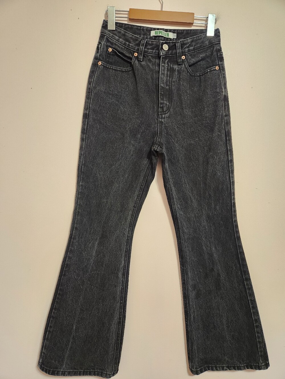 Repeller Washed Black High Rise Flare Jeans Embroidered Monogram Y2K Grunge Sz S